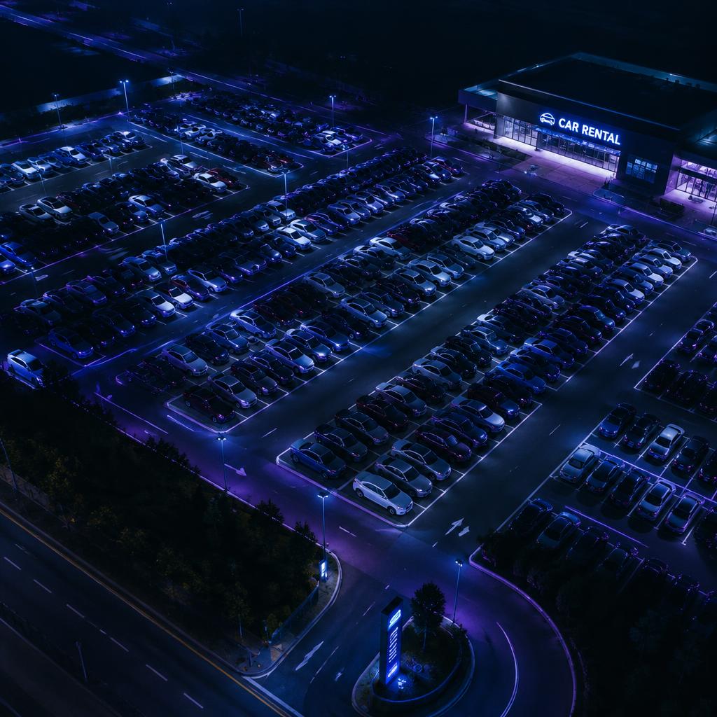 Aerial view of a rental car lot at night